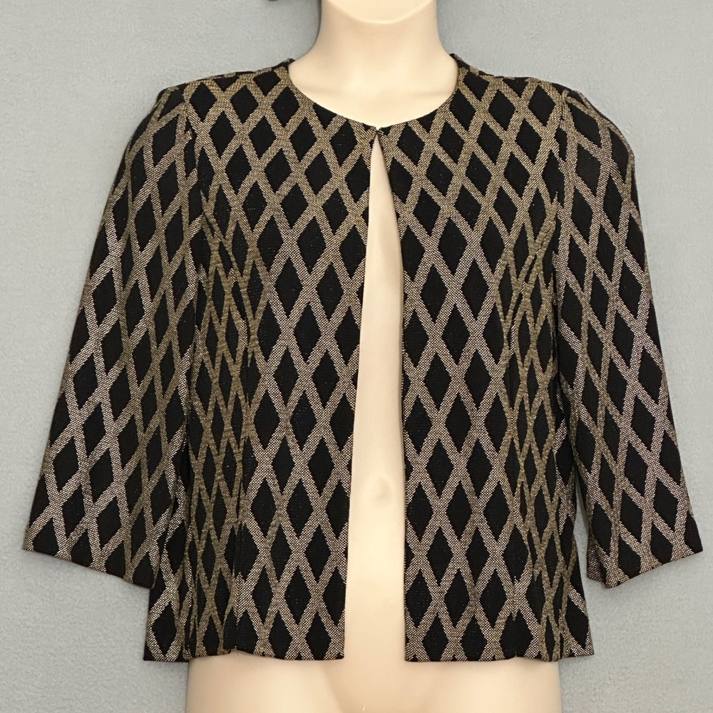 Cocktail Evening Womens Jacket 16 Black Gold Diamond Jacquard Holiday Glam Luxe